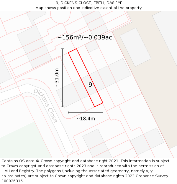 9, DICKENS CLOSE, ERITH, DA8 1YF: Plot and title map