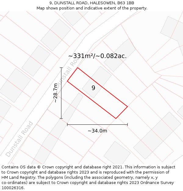 9, DUNSTALL ROAD, HALESOWEN, B63 1BB: Plot and title map