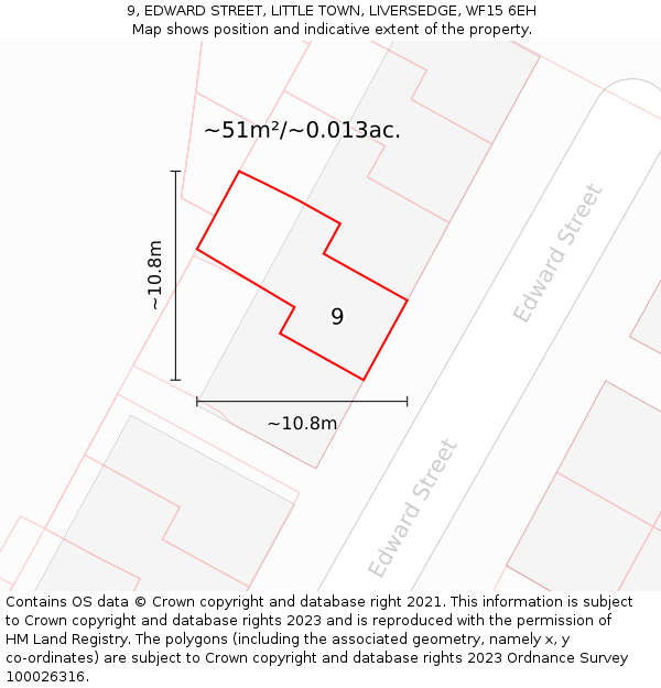 9, EDWARD STREET, LITTLE TOWN, LIVERSEDGE, WF15 6EH: Plot and title map