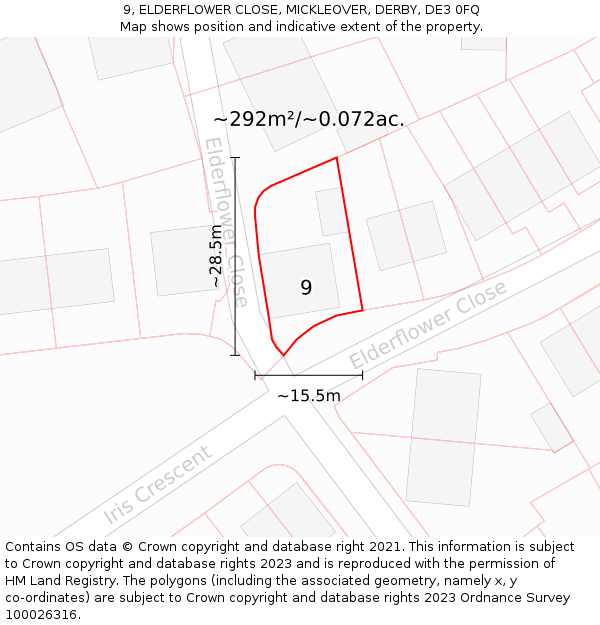 9, ELDERFLOWER CLOSE, MICKLEOVER, DERBY, DE3 0FQ: Plot and title map