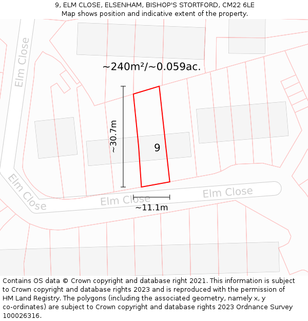 9, ELM CLOSE, ELSENHAM, BISHOP'S STORTFORD, CM22 6LE: Plot and title map