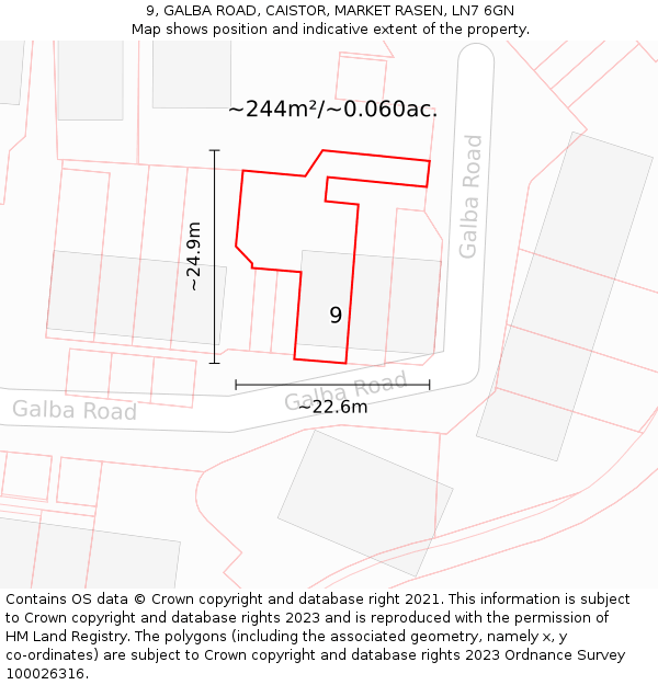 9, GALBA ROAD, CAISTOR, MARKET RASEN, LN7 6GN: Plot and title map