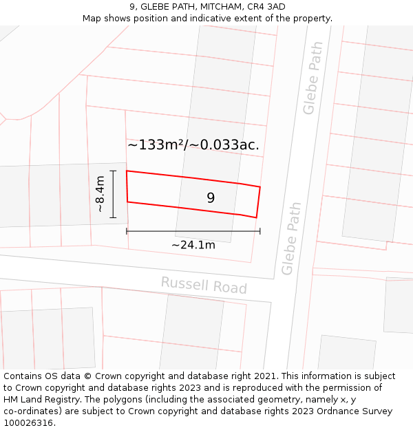 9, GLEBE PATH, MITCHAM, CR4 3AD: Plot and title map