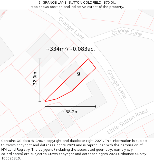 9, GRANGE LANE, SUTTON COLDFIELD, B75 5JU: Plot and title map