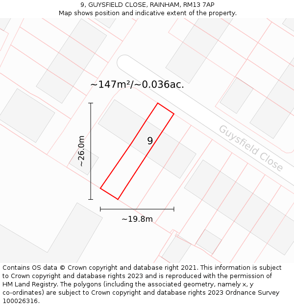 9, GUYSFIELD CLOSE, RAINHAM, RM13 7AP: Plot and title map
