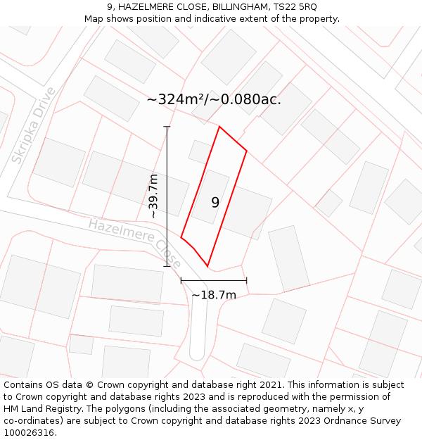 9, HAZELMERE CLOSE, BILLINGHAM, TS22 5RQ: Plot and title map