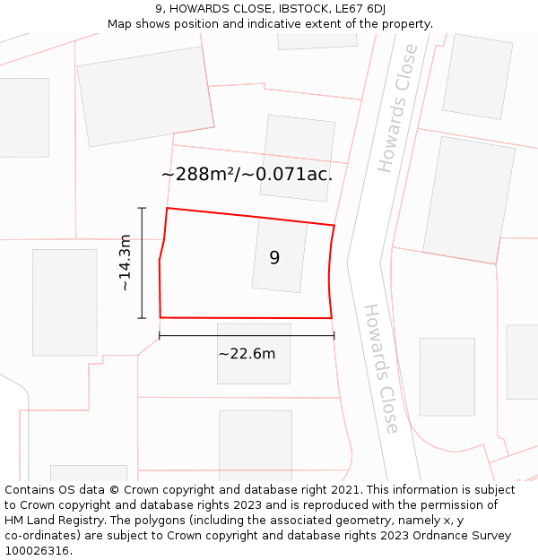 9, HOWARDS CLOSE, IBSTOCK, LE67 6DJ: Plot and title map