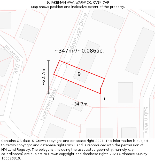 9, JAKEMAN WAY, WARWICK, CV34 7AF: Plot and title map