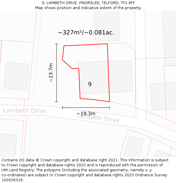 9, LAMBETH DRIVE, PRIORSLEE, TELFORD, TF2 9FF: Plot and title map