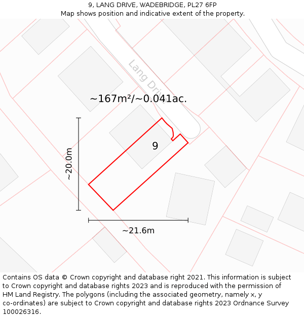 9, LANG DRIVE, WADEBRIDGE, PL27 6FP: Plot and title map