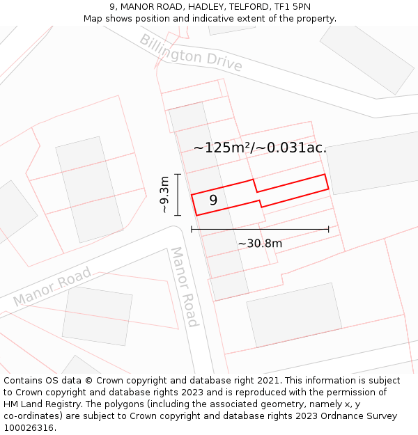 9, MANOR ROAD, HADLEY, TELFORD, TF1 5PN: Plot and title map
