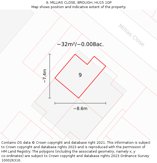 9, MILLIAS CLOSE, BROUGH, HU15 1GP: Plot and title map