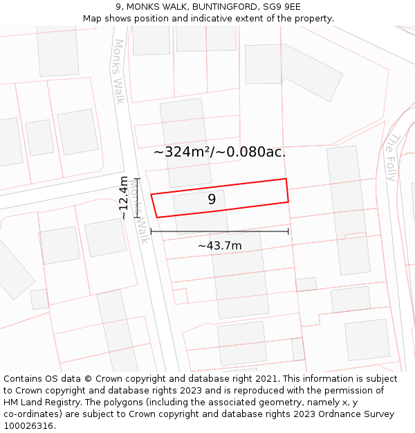 9, MONKS WALK, BUNTINGFORD, SG9 9EE: Plot and title map