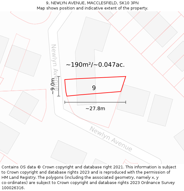 9, NEWLYN AVENUE, MACCLESFIELD, SK10 3PN: Plot and title map