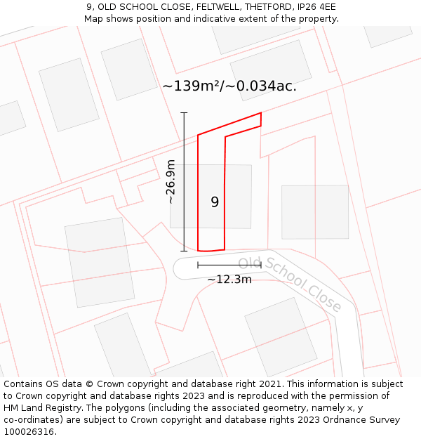 9, OLD SCHOOL CLOSE, FELTWELL, THETFORD, IP26 4EE: Plot and title map