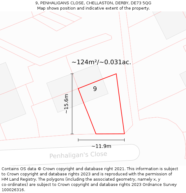 9, PENHALIGANS CLOSE, CHELLASTON, DERBY, DE73 5QG: Plot and title map