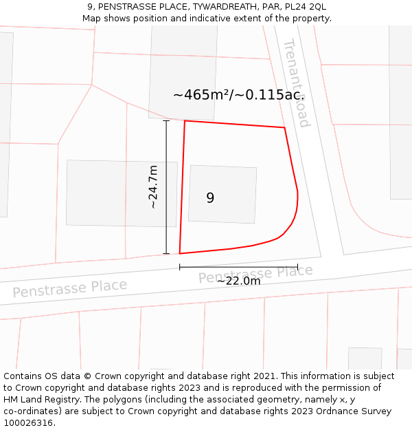 9, PENSTRASSE PLACE, TYWARDREATH, PAR, PL24 2QL: Plot and title map