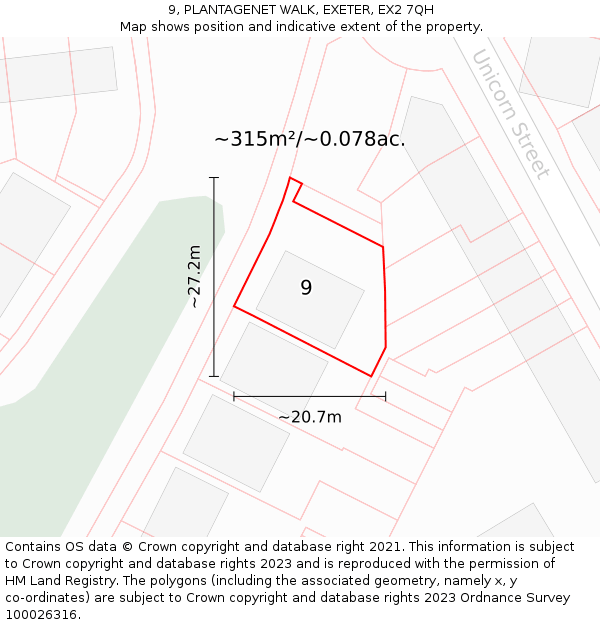 9, PLANTAGENET WALK, EXETER, EX2 7QH: Plot and title map