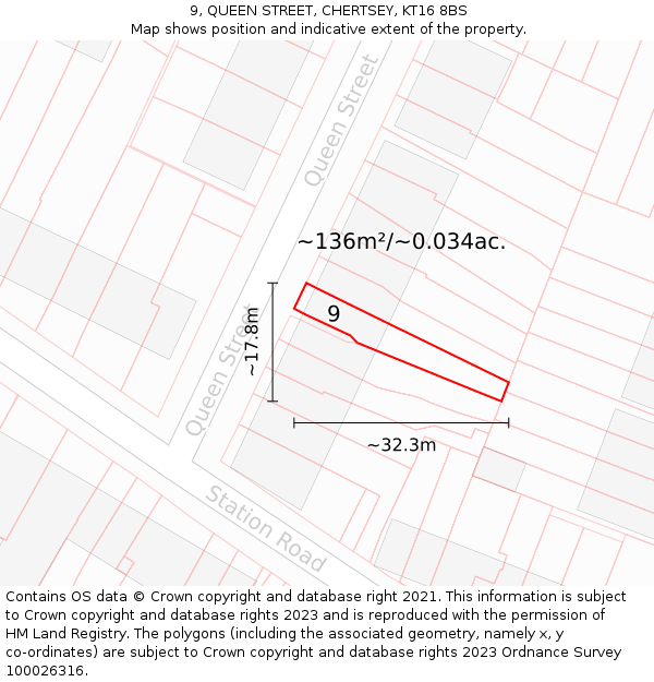 9, QUEEN STREET, CHERTSEY, KT16 8BS: Plot and title map