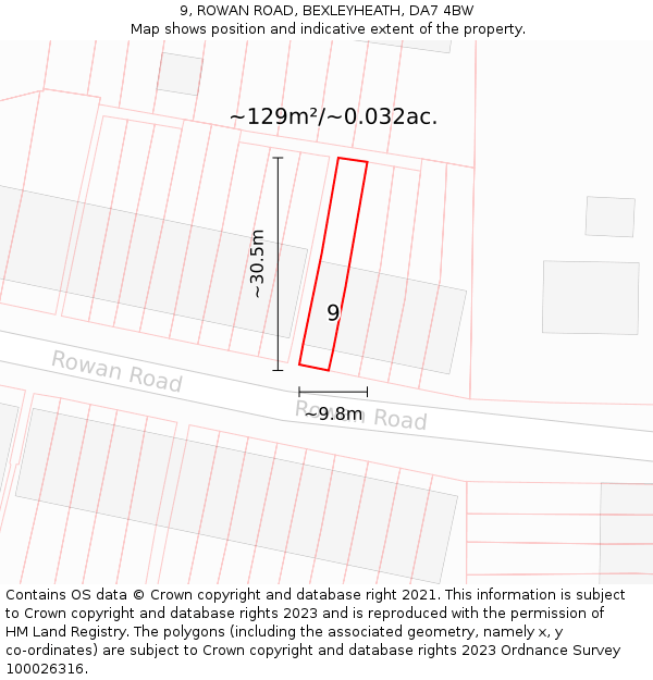 9, ROWAN ROAD, BEXLEYHEATH, DA7 4BW: Plot and title map