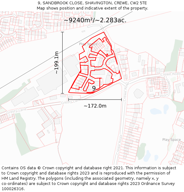 9, SANDBROOK CLOSE, SHAVINGTON, CREWE, CW2 5TE: Plot and title map