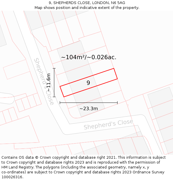 9, SHEPHERDS CLOSE, LONDON, N6 5AG: Plot and title map
