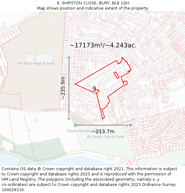 9, SHIPSTON CLOSE, BURY, BL8 1QH: Plot and title map