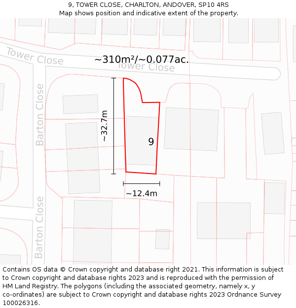 9, TOWER CLOSE, CHARLTON, ANDOVER, SP10 4RS: Plot and title map