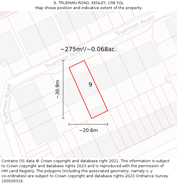 9, TRUEMAN ROAD, KENLEY, CR8 5GL: Plot and title map