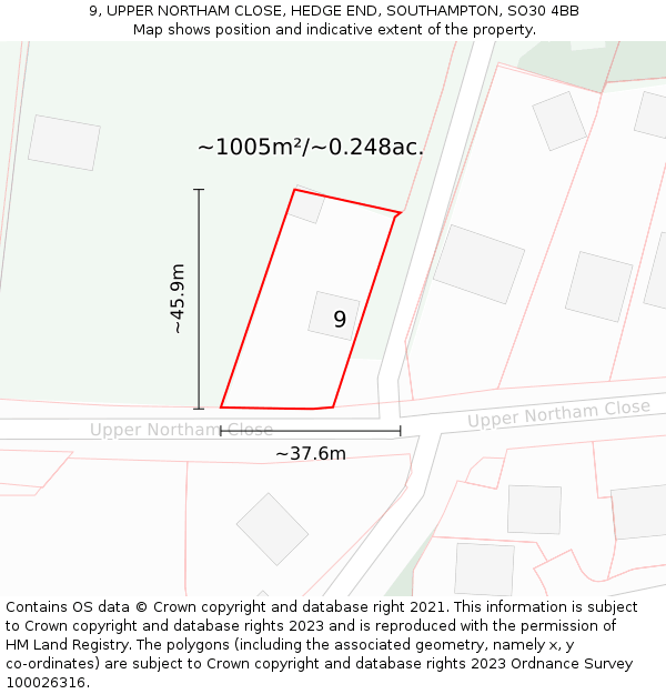 9, UPPER NORTHAM CLOSE, HEDGE END, SOUTHAMPTON, SO30 4BB: Plot and title map