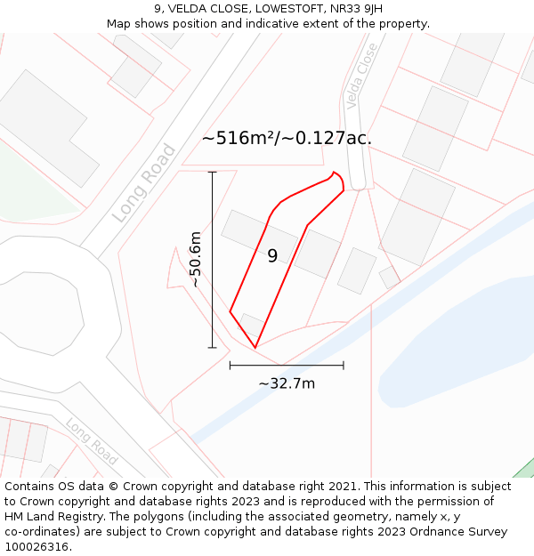 9, VELDA CLOSE, LOWESTOFT, NR33 9JH: Plot and title map
