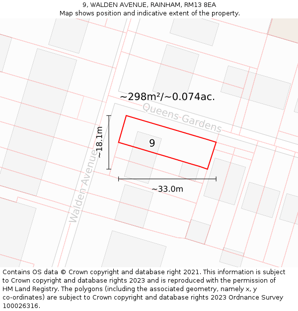 9, WALDEN AVENUE, RAINHAM, RM13 8EA: Plot and title map