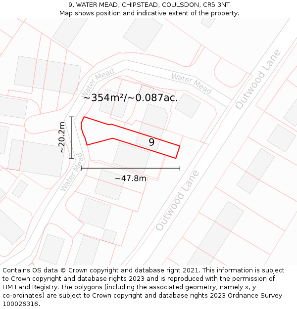 9, WATER MEAD, CHIPSTEAD, COULSDON, CR5 3NT: Plot and title map