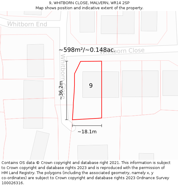 9, WHITBORN CLOSE, MALVERN, WR14 2SP: Plot and title map