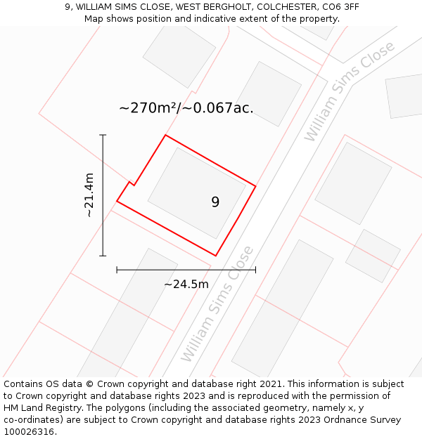 9, WILLIAM SIMS CLOSE, WEST BERGHOLT, COLCHESTER, CO6 3FF: Plot and title map