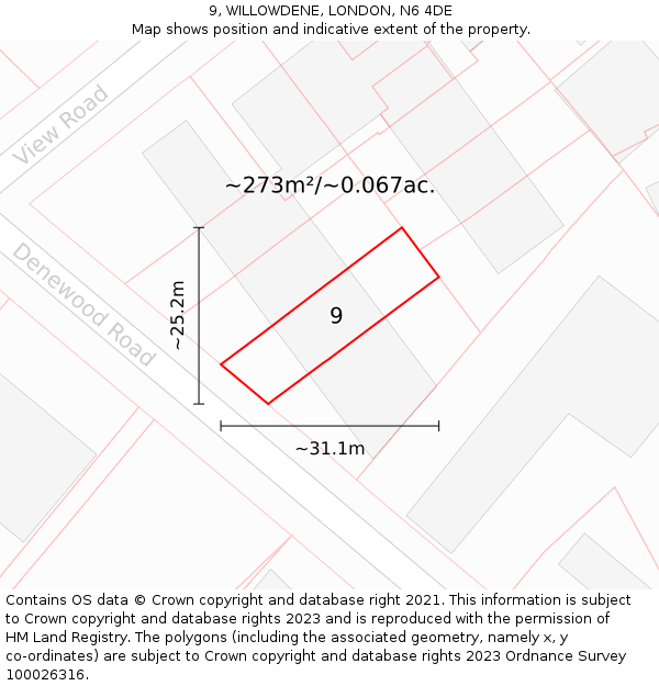 9, WILLOWDENE, LONDON, N6 4DE: Plot and title map