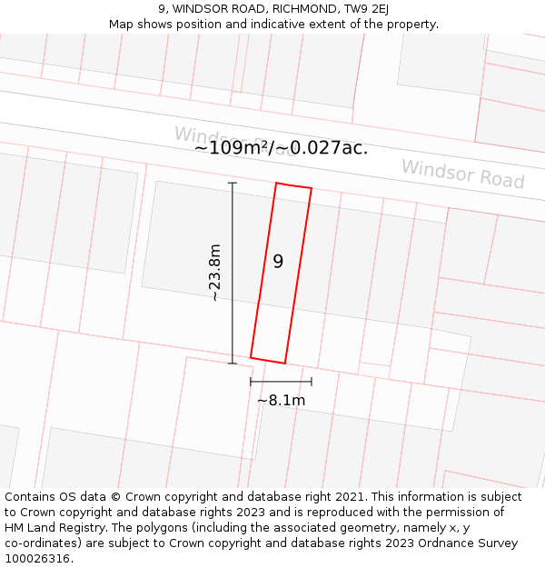 9, WINDSOR ROAD, RICHMOND, TW9 2EJ: Plot and title map