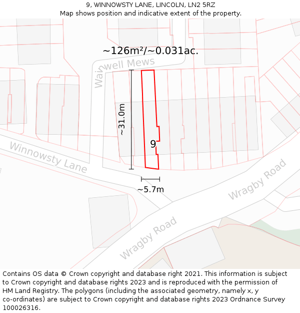 9, WINNOWSTY LANE, LINCOLN, LN2 5RZ: Plot and title map