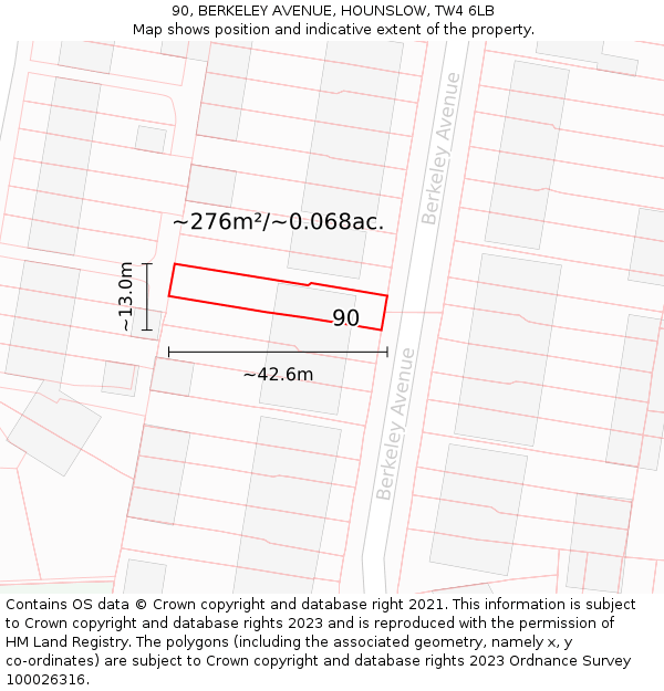90, BERKELEY AVENUE, HOUNSLOW, TW4 6LB: Plot and title map