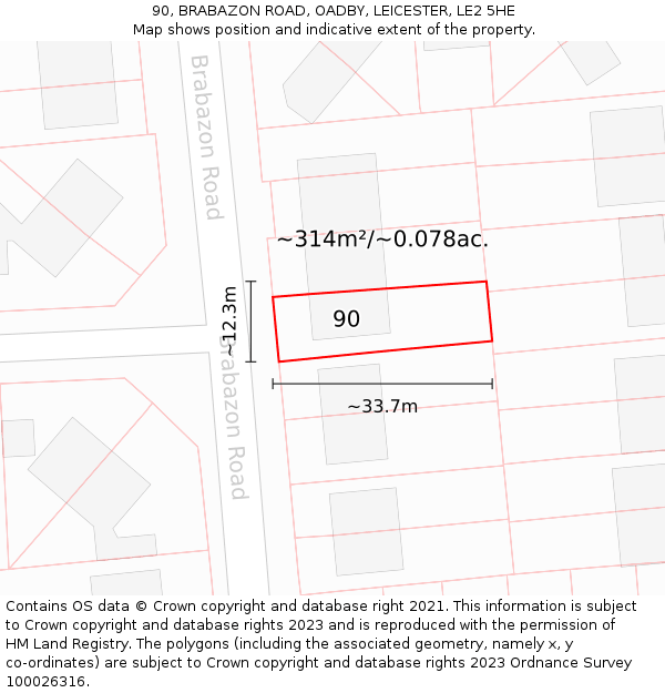 90, BRABAZON ROAD, OADBY, LEICESTER, LE2 5HE: Plot and title map