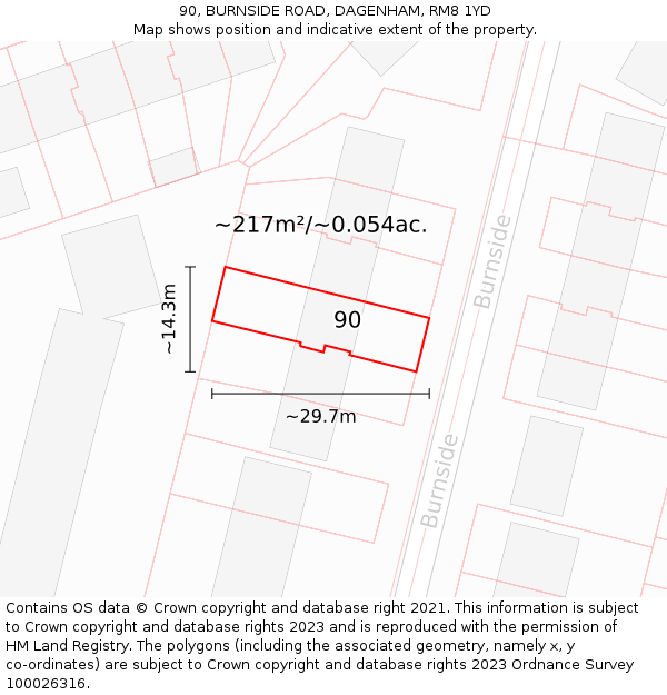 90, BURNSIDE ROAD, DAGENHAM, RM8 1YD: Plot and title map