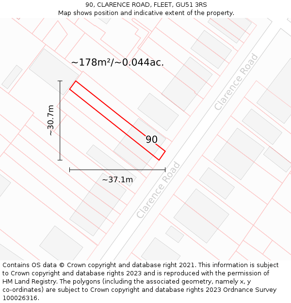 90, CLARENCE ROAD, FLEET, GU51 3RS: Plot and title map