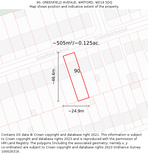 90, GREENFIELD AVENUE, WATFORD, WD19 5DQ: Plot and title map