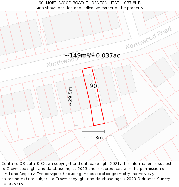 90, NORTHWOOD ROAD, THORNTON HEATH, CR7 8HR: Plot and title map