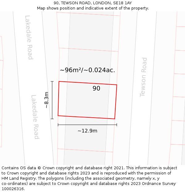 90, TEWSON ROAD, LONDON, SE18 1AY: Plot and title map