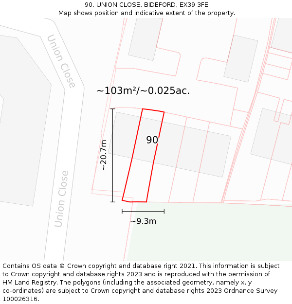90, UNION CLOSE, BIDEFORD, EX39 3FE: Plot and title map