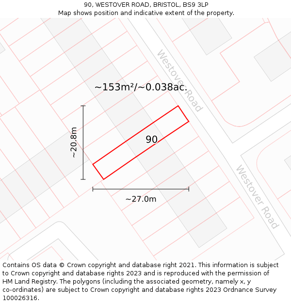 90, WESTOVER ROAD, BRISTOL, BS9 3LP: Plot and title map