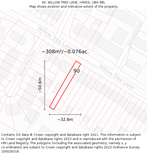 90, WILLOW TREE LANE, HAYES, UB4 9BL: Plot and title map