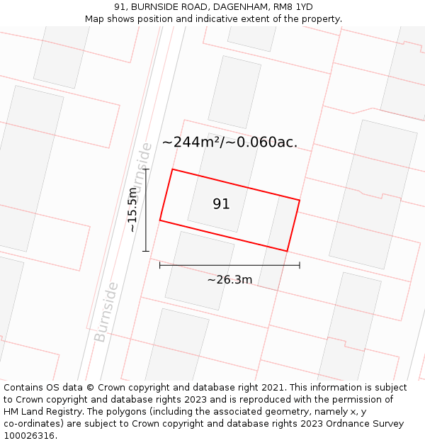 91, BURNSIDE ROAD, DAGENHAM, RM8 1YD: Plot and title map