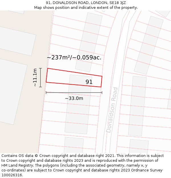 91, DONALDSON ROAD, LONDON, SE18 3JZ: Plot and title map